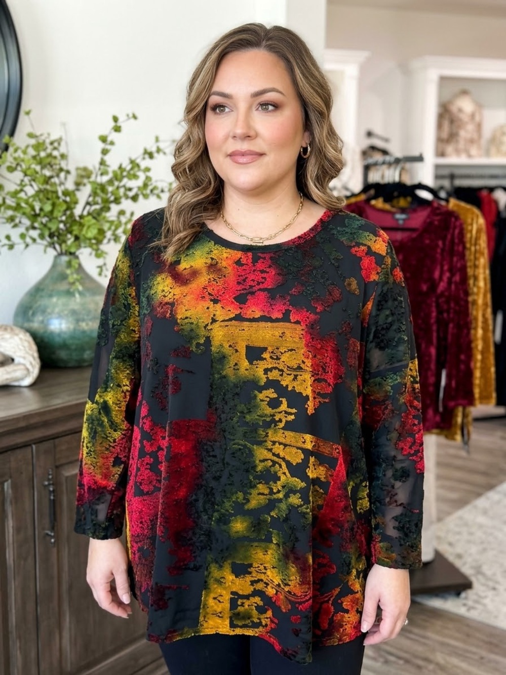 $69 NWT CALESSA Black Gold Red Burnout Artsy Top Women's Plus Size 2X